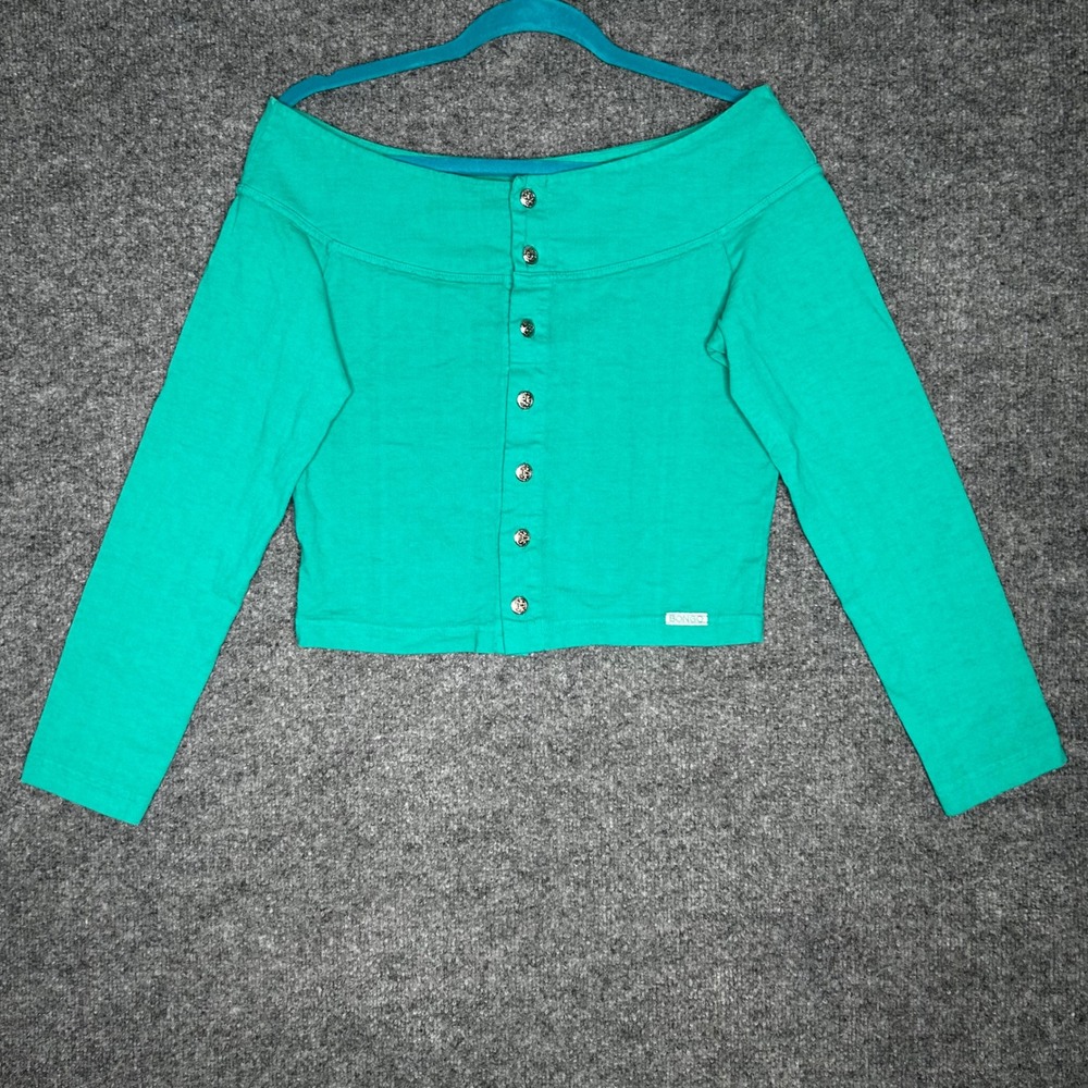 Vintage Bongo Gene Montesano Off Shoulder Crop Top Teal Green Button‎ Front M